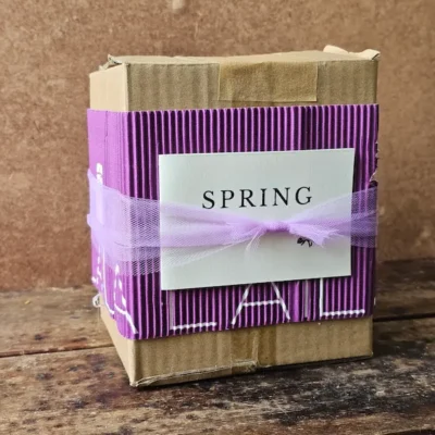 Closed Spring Basket gift box wrapped in purple corrugated cardboard with “Bloom” keepsake card and soft organza ribbon.