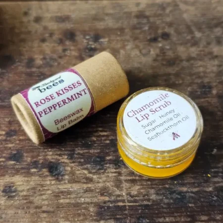 Spring Basket Lip Care Rose peppermint beeswax lip balm and chamomile honey lip scrub from eco-friendly Spring gift box.