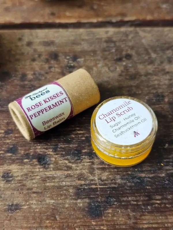 Rose peppermint beeswax lip balm and chamomile honey lip scrub from eco-friendly Spring gift box.