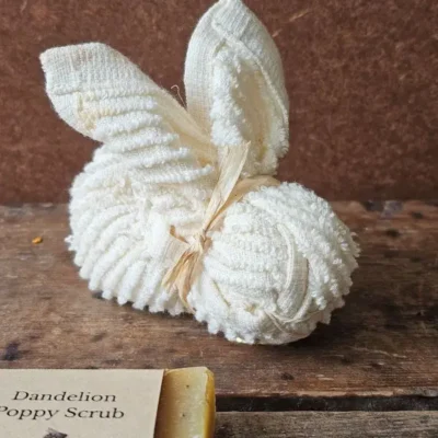 Cotton washcloth folded into bunny shape for natural Easter or Spring gift basket.