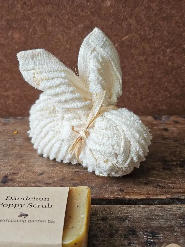 Cotton washcloth folded into bunny shape for natural Easter or Spring gift basket.