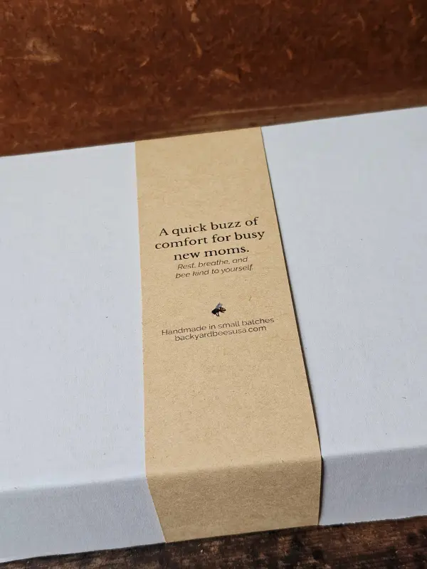 closed Backyard Bees new mom gift box ready for gifting