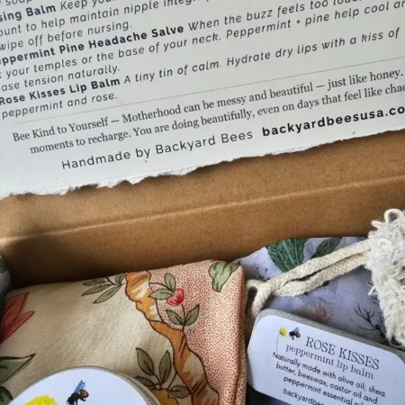 printed card inside new mom gift box describing handmade self-care items