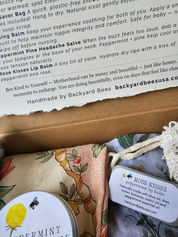printed card inside new mom gift box describing handmade self-care items