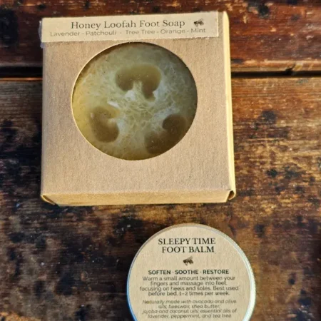 Honey loofah foot soap and sleepy time foot balm for dry skin care