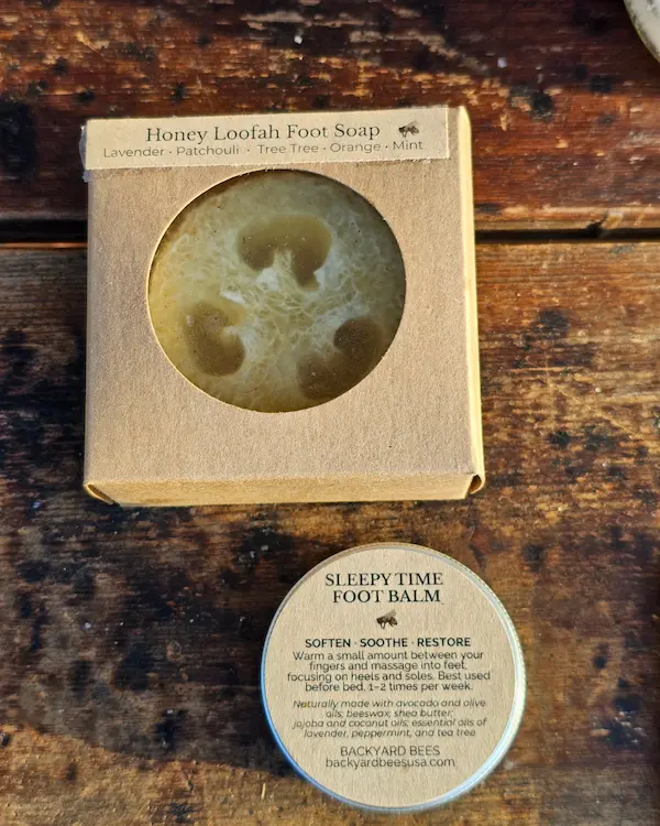 Honey loofah foot soap and sleepy time foot balm for dry skin care