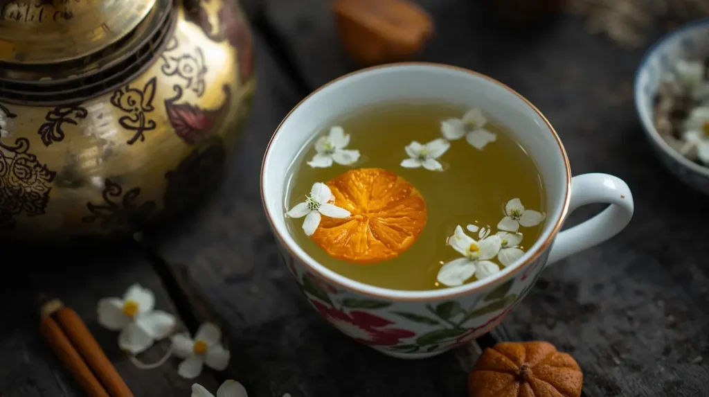 orange slice and jasmine floating in a cup of organic green tea