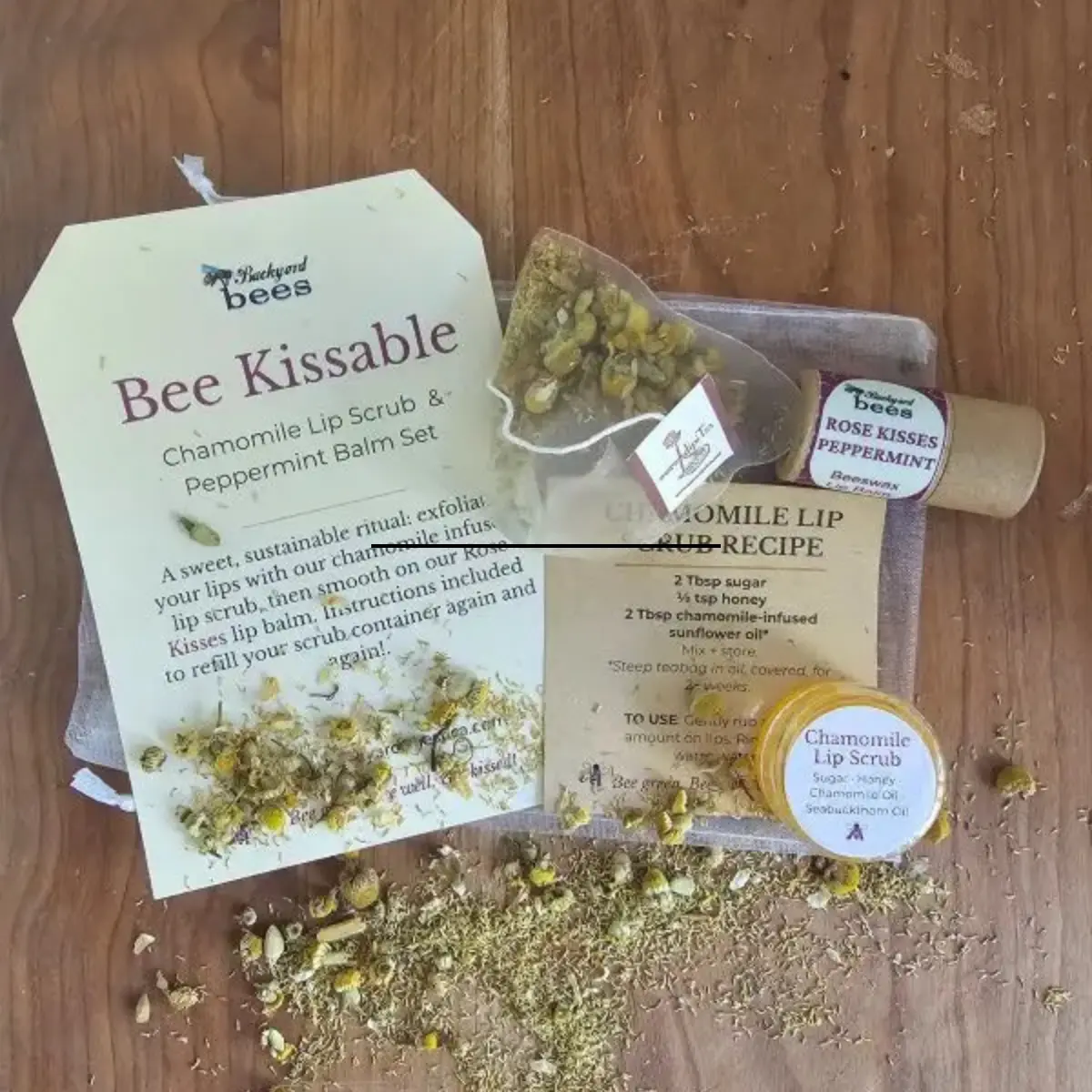 Why Every Nature Lover Needs A Lip Scrub (And A Little Self-Care In A Jar) 4 Honey chamomile lip scrub and peppermint balm gift set with dried chamomile flowers and refill recipe card.