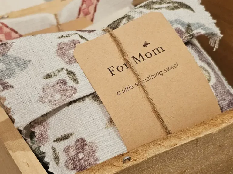 Fabric-wrapped eco-friendly gift package with twine and “For Mom” tag by Backyard Bees