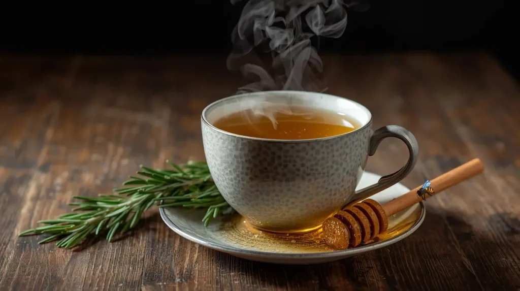 a steaming cup of rosemary green tea
