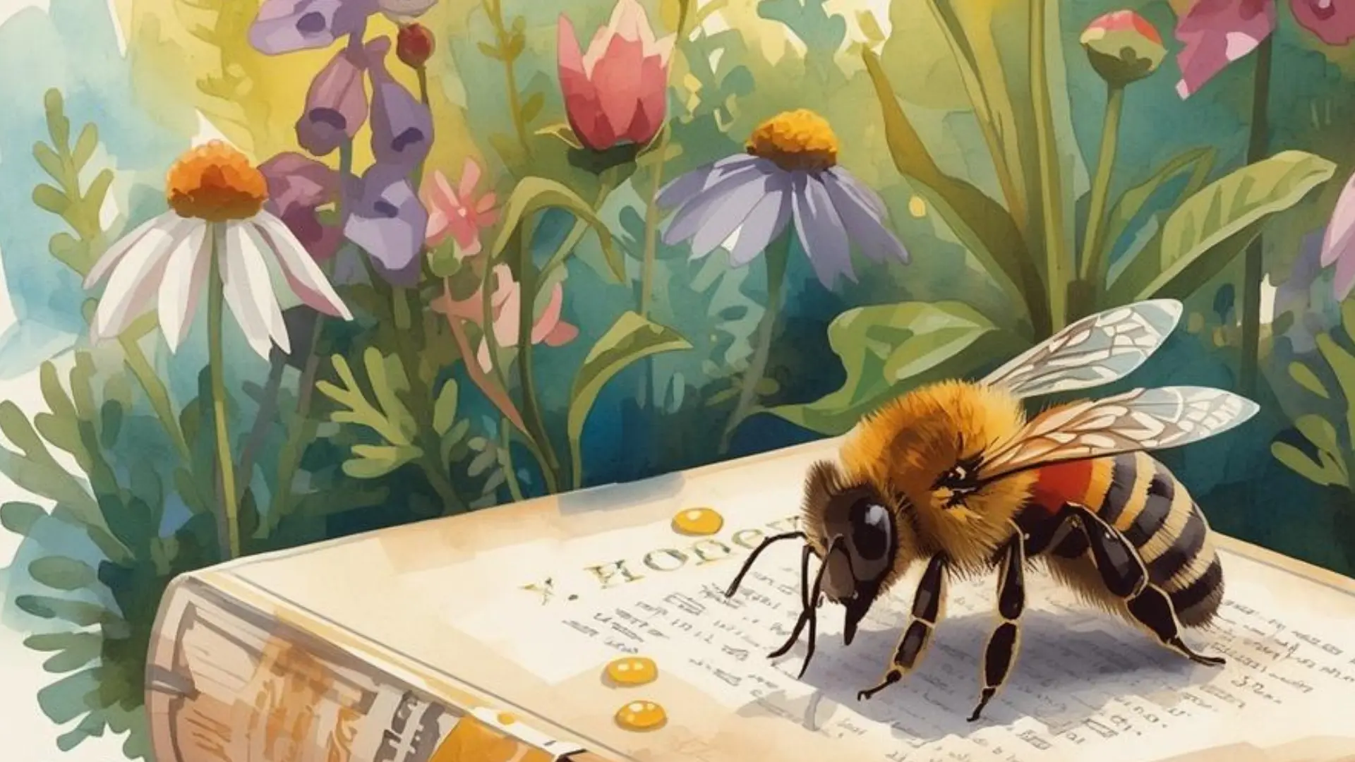 a honey bee sitting on top of bee books in the garden