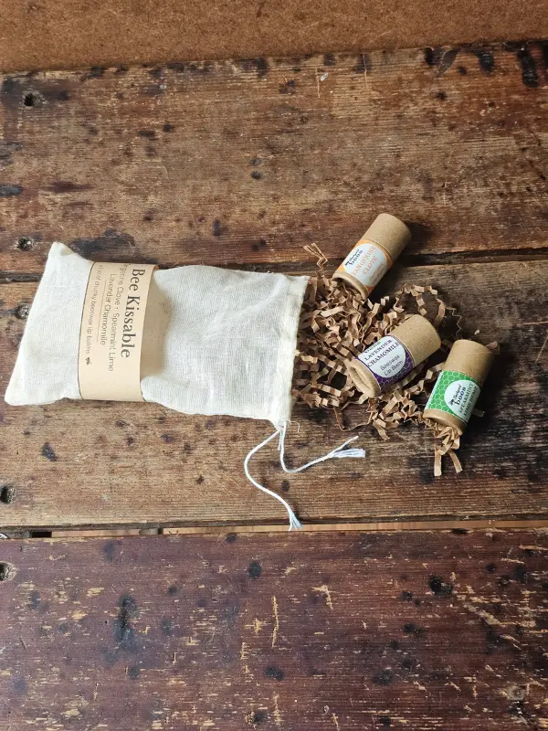 Bee Kissable Trio Open Contents of Bee Kissable Lip Balm Trio spilled out of bag on weathered wood