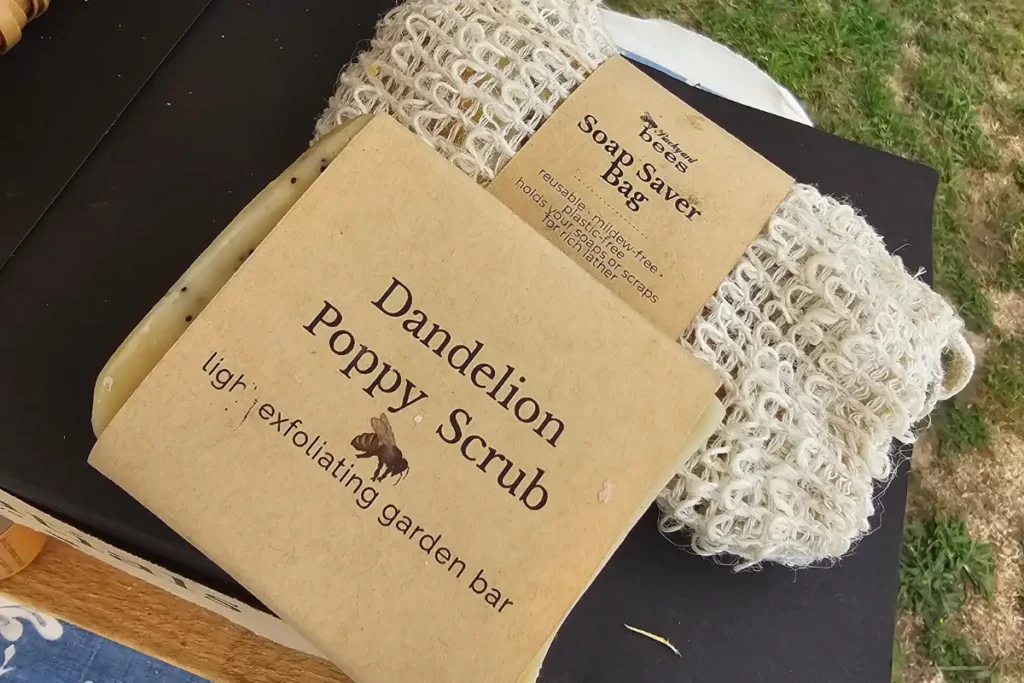 Close-up of a handmade soap saver bag filled with natural soap shavings