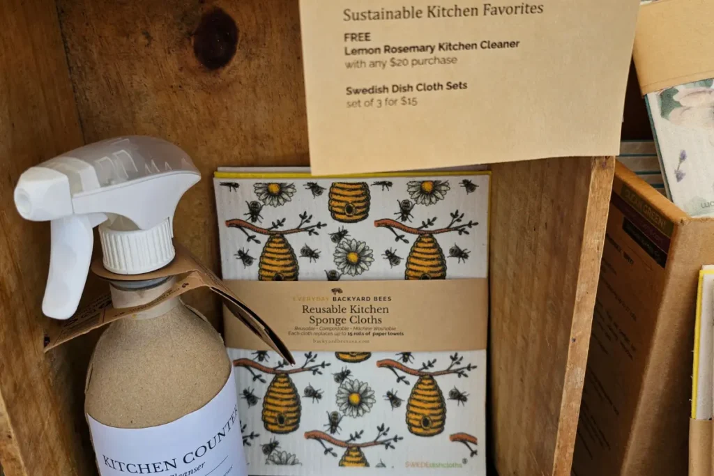 The Hive 11 Reusable kitchen cleaner, sponge cloths, and eco-friendly kitchen swaps at Sustainability Saturday at the Eisenhower Park Farmers Market