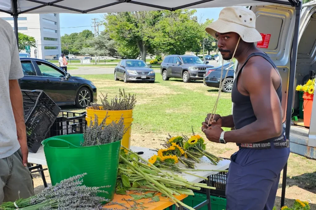 Fresh flower bouquets being prepared at Two Brothers Farm during Sustainability Saturday.