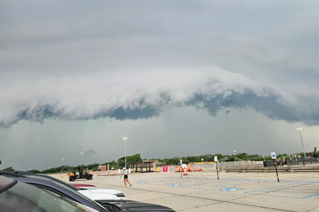 Storm clouds over the Northwell at Jones Beach Theater at Jones Beach State Park before the NYS Parks Summer Run Series.