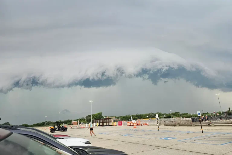 Storm clouds over the Northwell at Jones Beach Theater at Jones Beach State Park before the NYS Parks Summer Run Series.