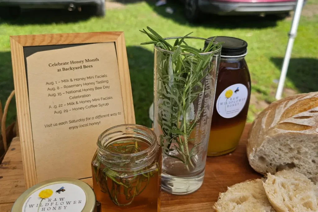 Food Safety, Fresh Corn, &Amp; Rosemary Honey 2 Rosemary-infused honey tasting display for a farmers market lesson about honey and food safety