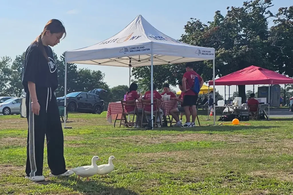 Two pet ducks wander through the Eisenhower Park Farmers Market, delighting shoppers and vendors.