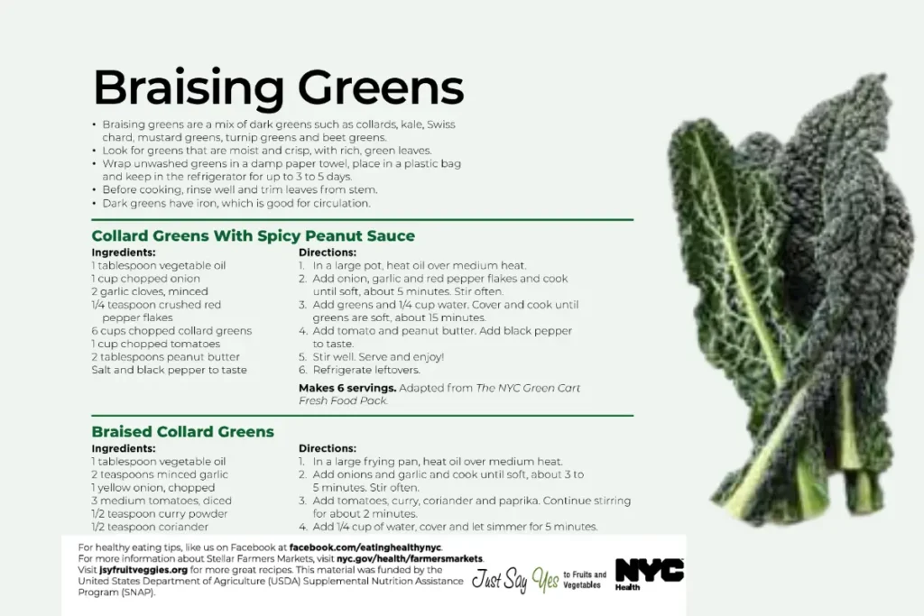 Cornell Cooperative Extension braising greens recipe featuring collard greens with spicy peanut sauce.