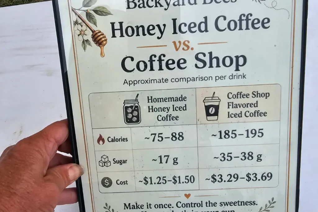 Honey iced coffee compared with coffee shop drinks for calories, sugar and cost