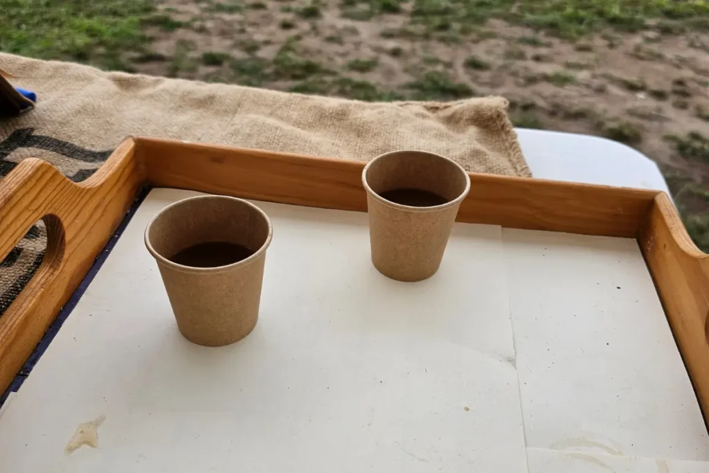 Iced coffee tasting samples served during the Backyard Bees farmers market demonstration