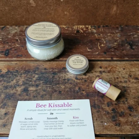 Bee Kissable gift set with body scrub, honey chamomile lip scrub and beeswax lip balm