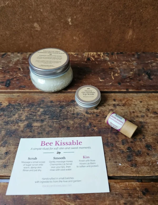Bee Kissable gift set with body scrub, honey chamomile lip scrub and beeswax lip balm