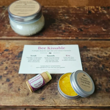 Open Honey Chamomile Lip Scrub with Rose Kisses beeswax lip balm