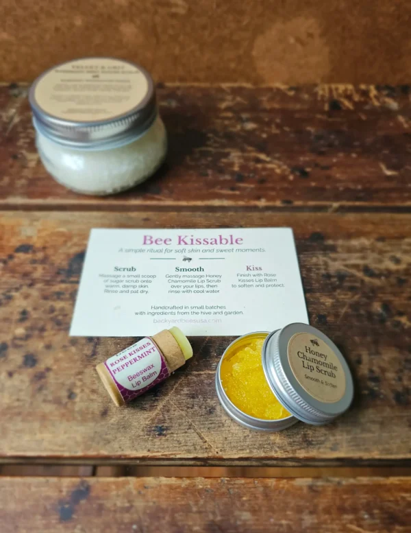 Open Honey Chamomile Lip Scrub with Rose Kisses beeswax lip balm