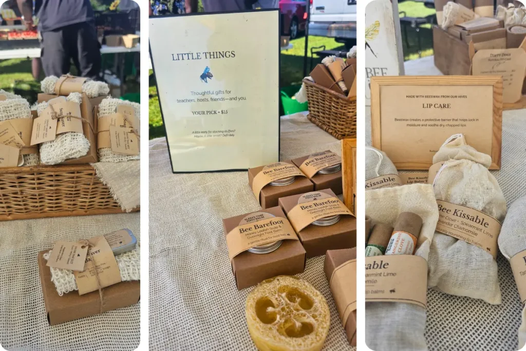 Backyard Bees handmade gift sets prepared for craft fair day at the farmers market