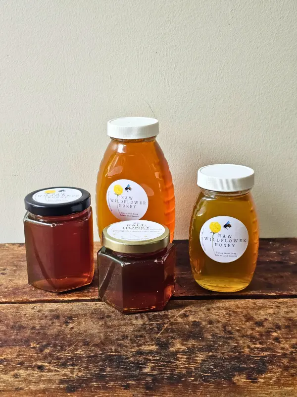 4 sizes of Backyard Bees local North Shore honey displayed together