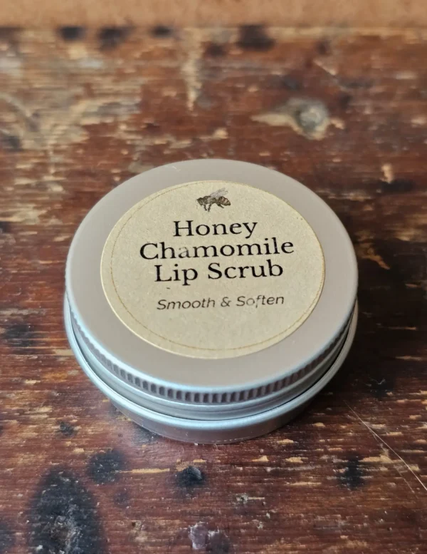 Backyard Bees Honey Chamomile Lip Scrub in closed silver tin with with kraft label
