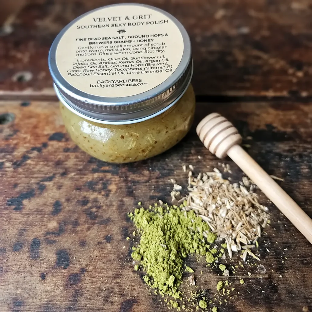 Southern Sexy Body Polish with ground hops, brewer’s grains, and a wooden honey dipper.