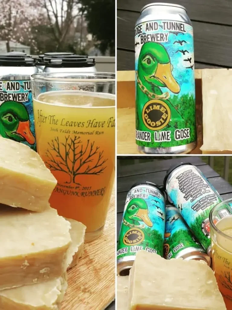 Old Lime Gose soap bars with Bridge and Tunnel Brewery cans and a commemorative running-event beer glass.